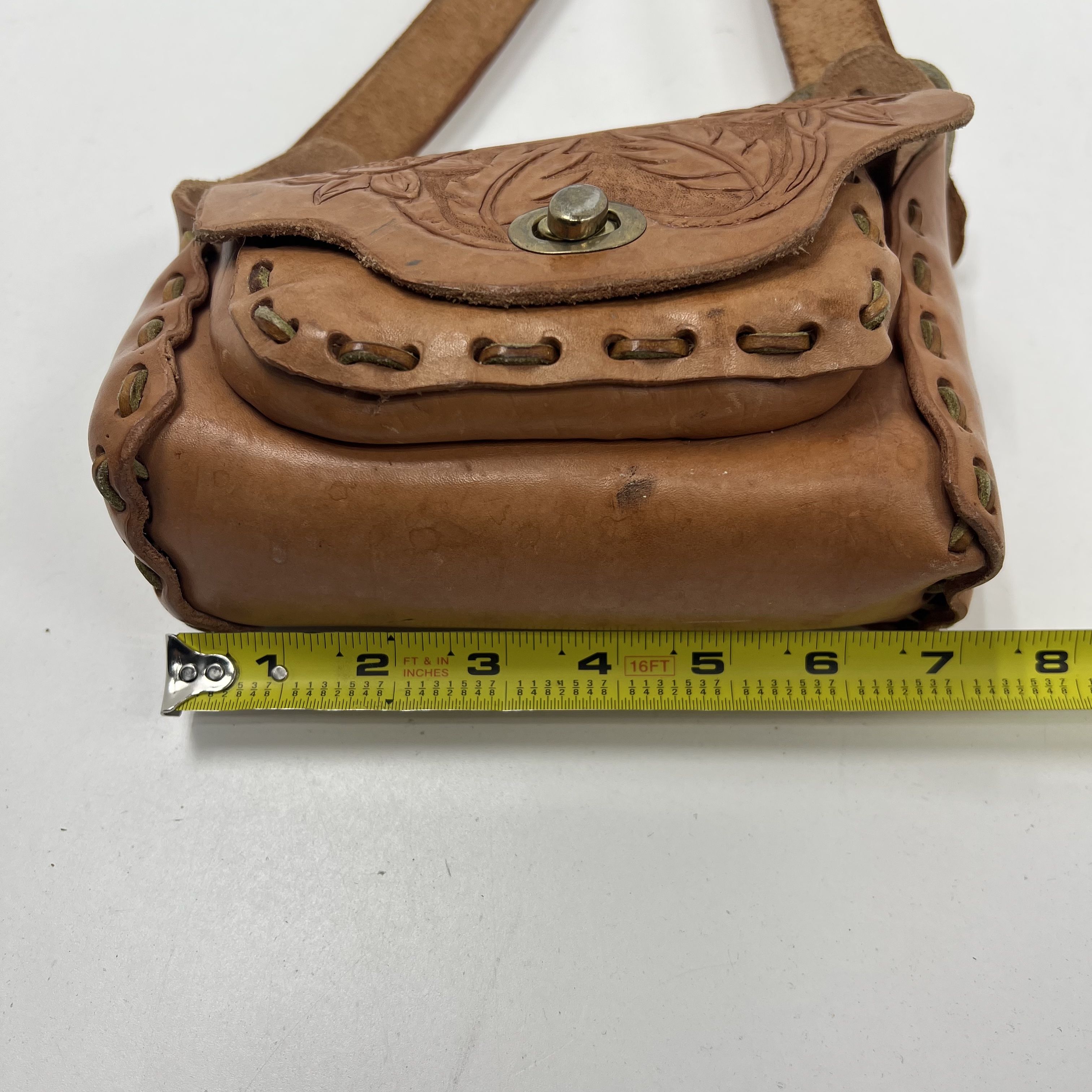Vintage 70s Tooled Leather Floral Boho Hippie Mini Crossbody Purse Bag Brown