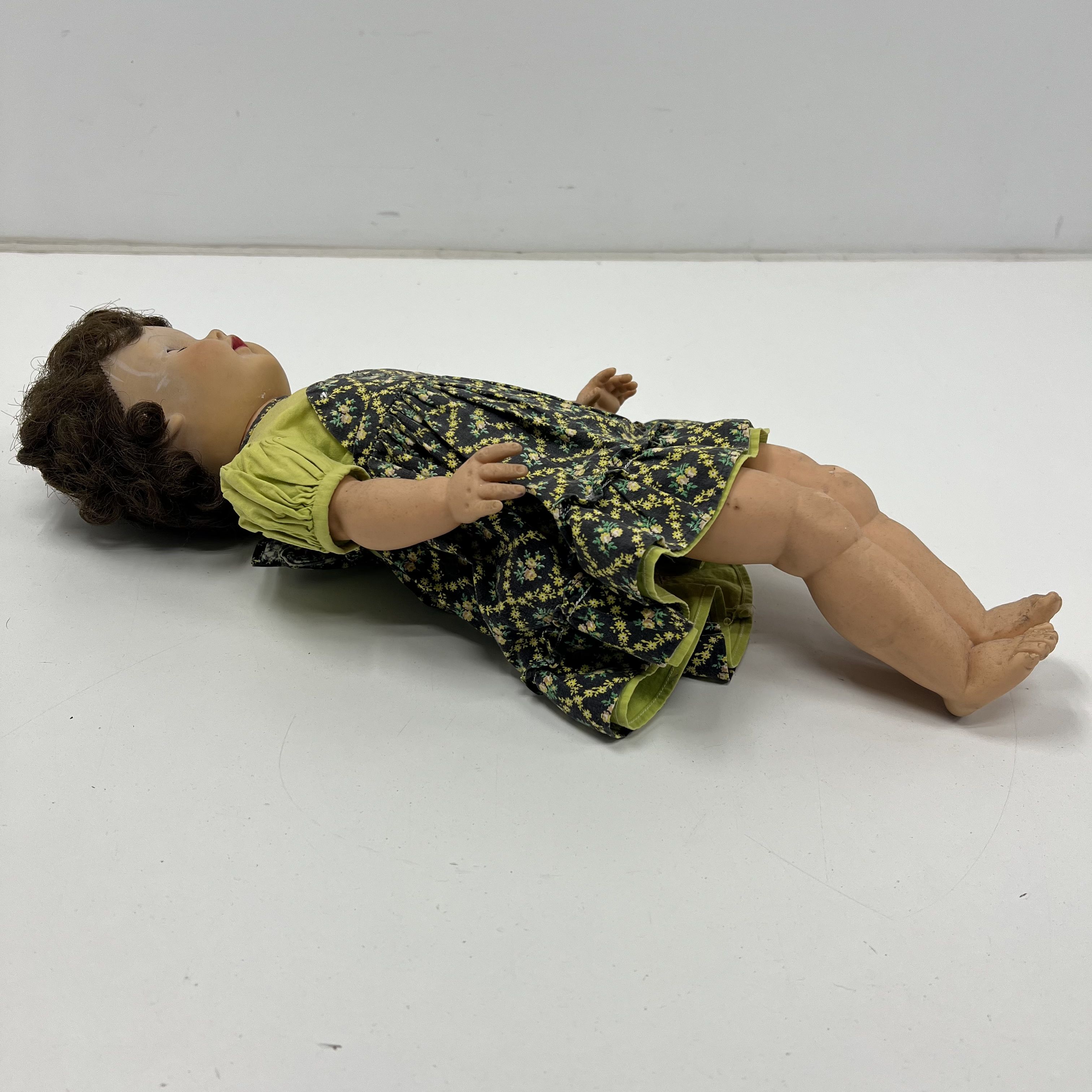Vintage Composition Baby Doll 18" Green Floral Dress Brown Hair Sleep Eyes