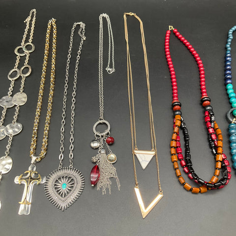 Boho Southwestern Costume Jewelry Lot 7 Necklaces Beaded Cross Heart Tassel