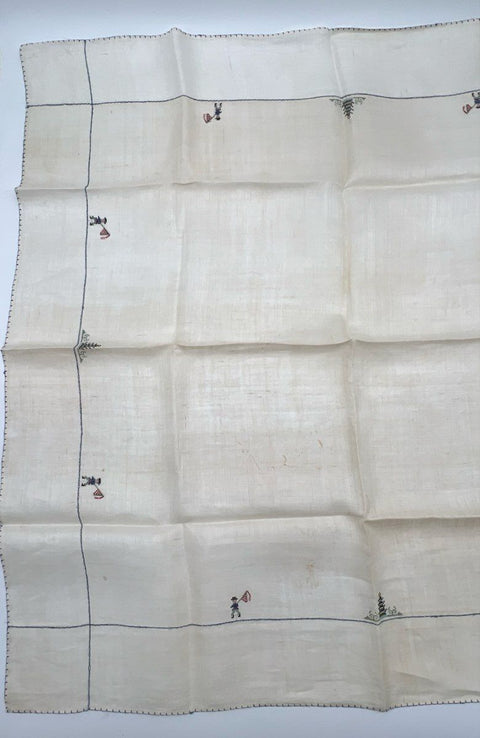 Miller & Rhoads Pagoda Embroidered Linen Tablecloth Napkin Set 5pc Vintage