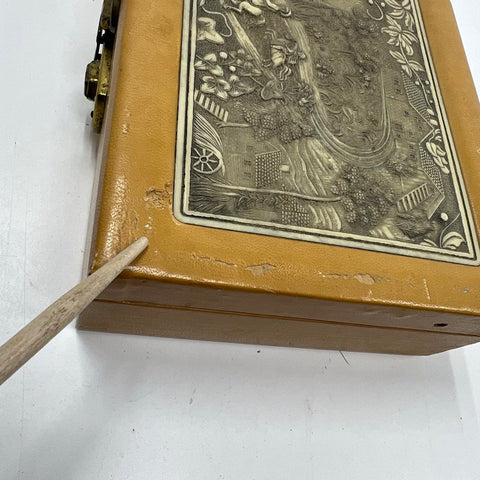 Vintage Mid-Century Medieval Scene Jewelry Box Two Tier with Key Faux Leather