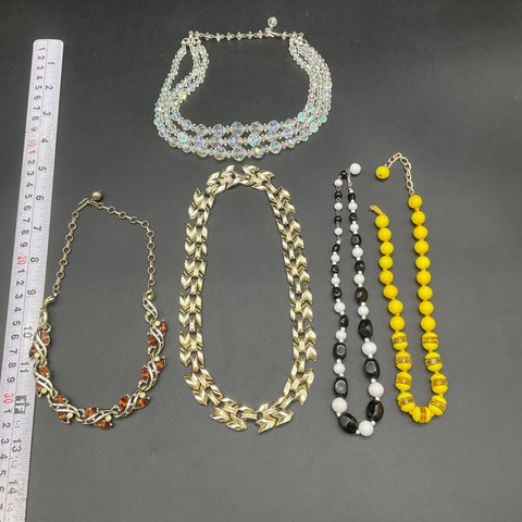 Vintage Costume Jewelry Lot 5 Necklaces Glass Beads AB Crystal Gold Tone