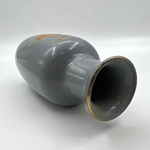 Vintage Grey Ceramic Vase Floral Motif Gold Rim 11.5 Inch Tall Mid Century Style