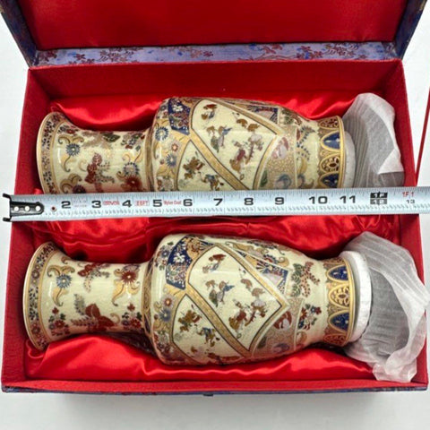Yi Lin Arts & Treasures of China Ceramic Vase Pair Satsuma Style Boxed Set