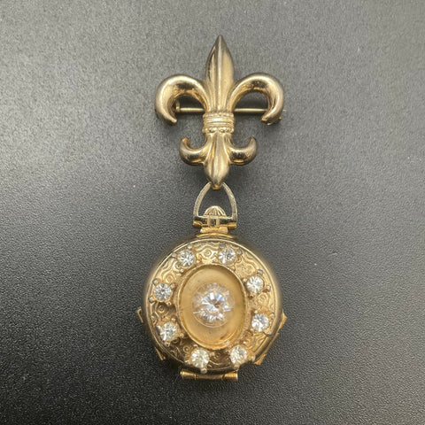 Vintage Coro Signed Fleur de Lis Rhinestone Triple Photo Locket Brooch Pin