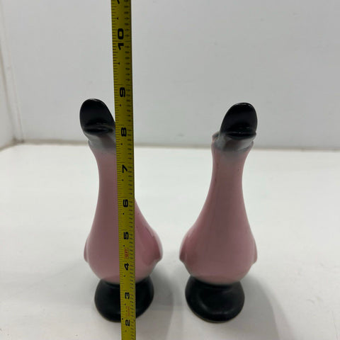 Vintage MCM Pink & Black Airbrush Ceramic Duck Goose Figurine Pair