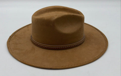 ASN Tan Faux Suede Wide Brim Fedora Hat Paisley Lining Braided Band Sz M