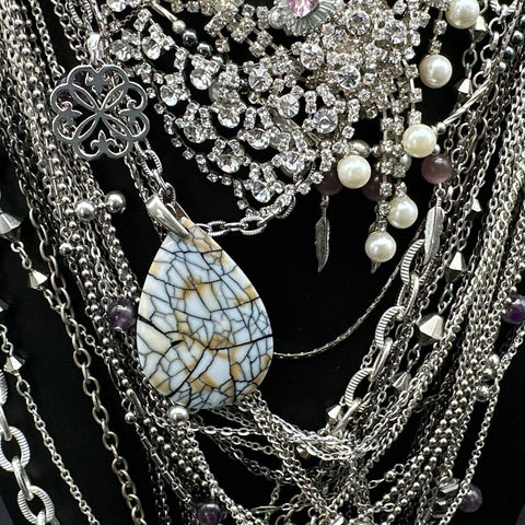 Vintage & Modern Silver Tone Necklace Lot Owl Initial Rhinestone Bib 20 Pieces