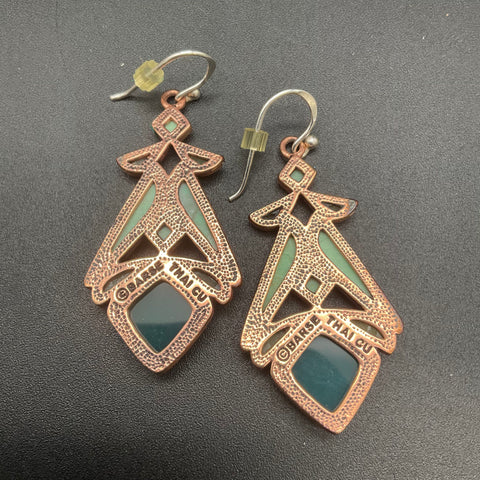 Barse Green Stone Geometric Drop Earrings 925 Sterling Silver Ear Wires 2.5"