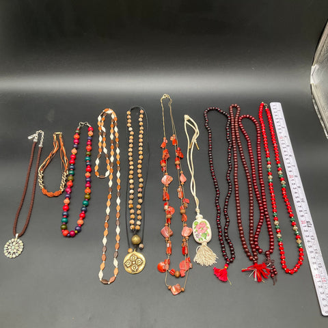 Mixed Boho Costume Jewelry Lot 10 Necklaces Beaded Wood Shell Tassel Boho Style