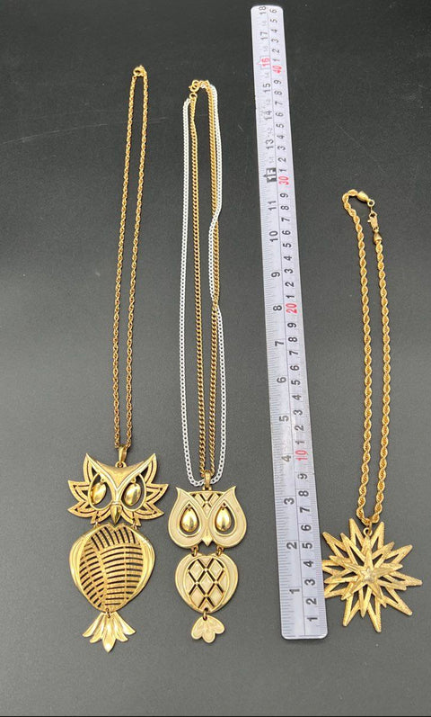 Vintage ALAN Gold Tone Articulated Owl Starburst Pendant Necklace Lot of 3