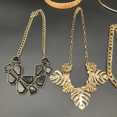 Gold Tone Fashion Necklace Lot of 7 Statement Chains Chokers Monstera Geometric