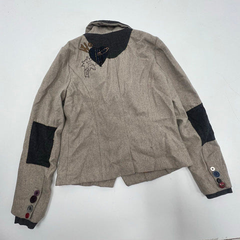 Desigual Women's Tan Gray Wool Blend Art to Wear Blazer Jacket Size 12