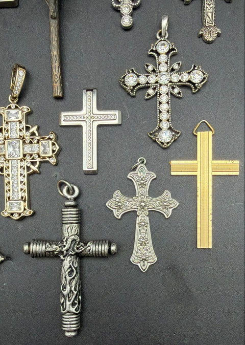 Mixed Cross and Crucifix Pendant Jewelry Lot 15 Pieces Vintage to Modern