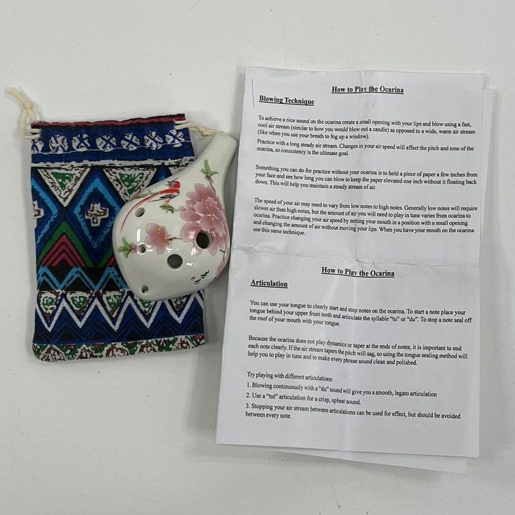 Floral Asian Painted Themed Porcelain? Ocarina in Bag with Instructions