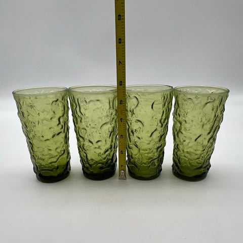 Pressed Glass Olive Green Juice Tumblers 4 Piece Set Textured Bark Vintage