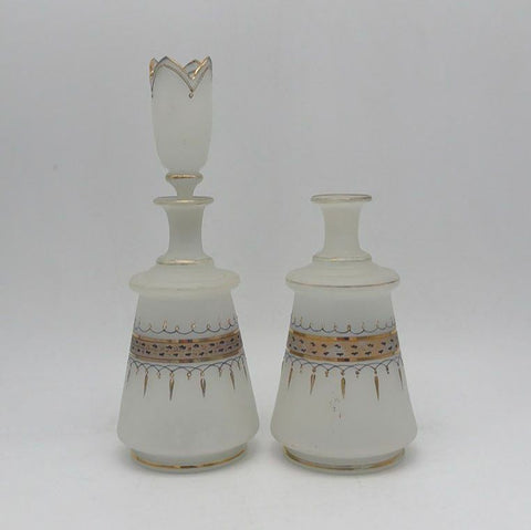 Vintage Frosted Satin Glass Decanter Set Gold Trim Hand Painted 2 Pcs 1 Stopper