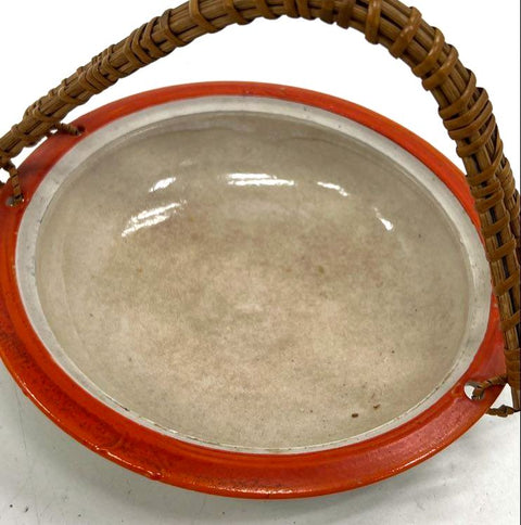 Vintage Japanese Hand Painted Ceramic Lidded Dish Bowl Caddy Wicker Handle 7.25"