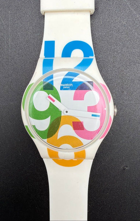 Swatch White Silicone Swiss Quartz Watch Colorful Dial