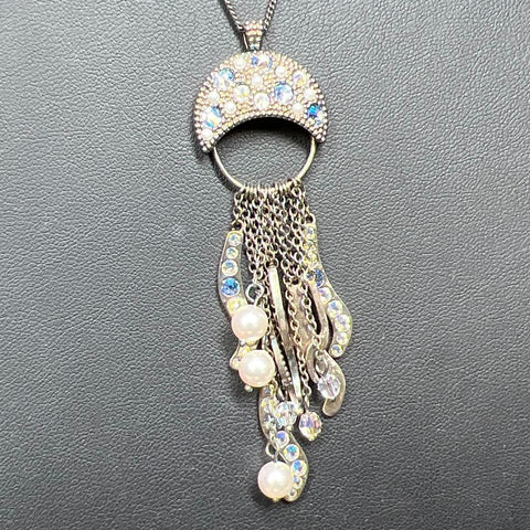 Touchstone Crystal Faux Pearl Tassel Pendant Necklace