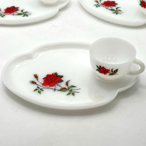 Federal Glass Rose Milk Glass Snack Set 3 Cups 3 Plates 6 Piece Vintage
