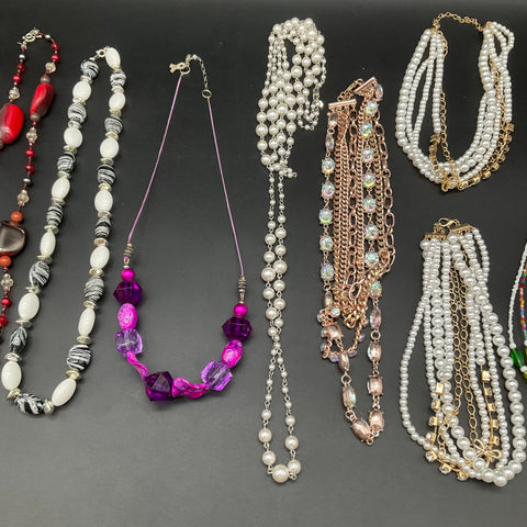 Costume Jewelry Lot of 9 Necklaces Vintage to Modern Faux Pearl Beaded Crystal