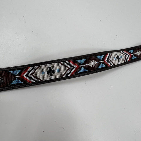3D Belt Co Brown Hand Tooled Leather Beaded Western Belt Silver Buckle Sz 38