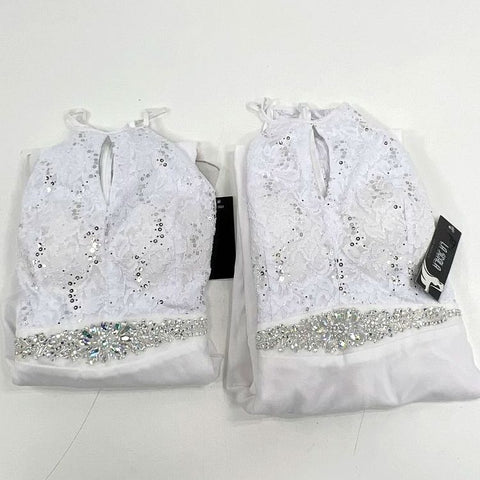 Lot of 2 La Scala White Halter Gown Jeweled Lace Bodice Prom Formal Dress