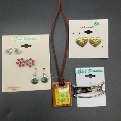Girl Scouts Jewelry Lot 6 Items Necklace Barrette 4 Pairs Earrings Think Green