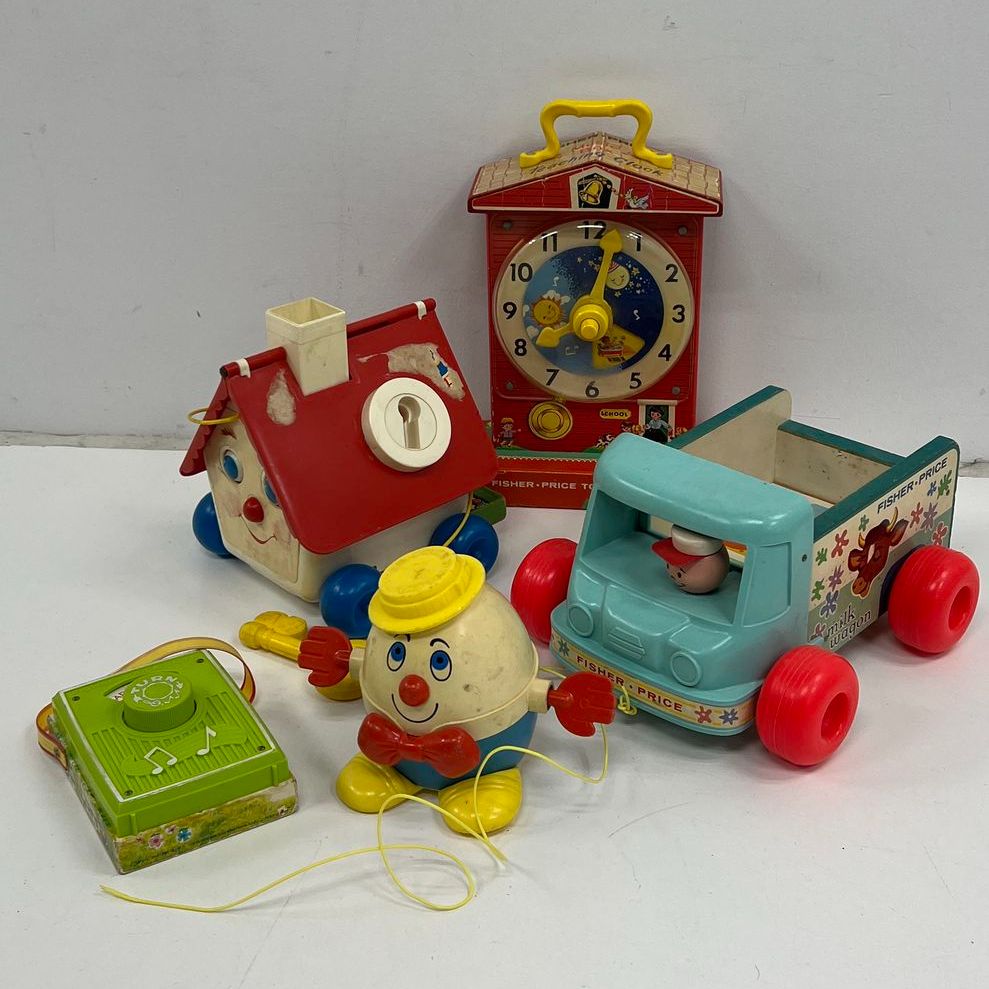 Vintage 60s 70s Fisher-Price Toy Lot Music Clock Truck Pull Toys Collection