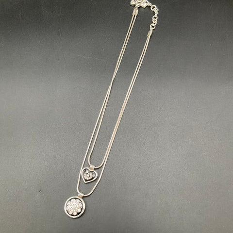 Brighton Silver Tone Rhinestone Heart Round Pendant Double Snake Chain Necklace