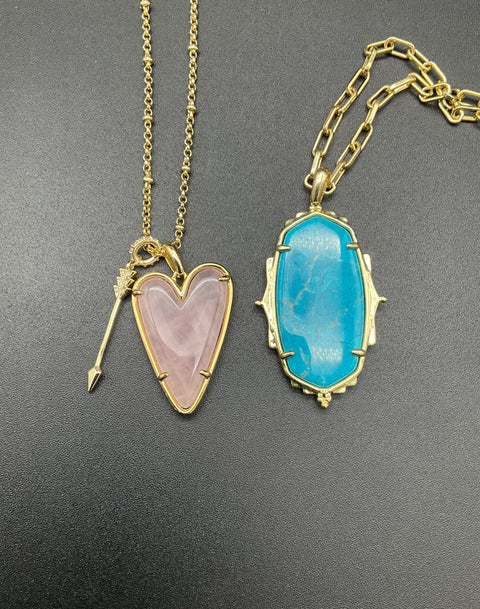 Kendra Scott Ella Blue Stone & Ansley Rose Quartz Heart Pendant Necklace Lot of