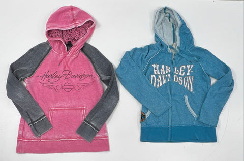 Lot of 2 Harley-Davidson Women's Hoodies Pink Blue Graphic Sweatshirts Sz S