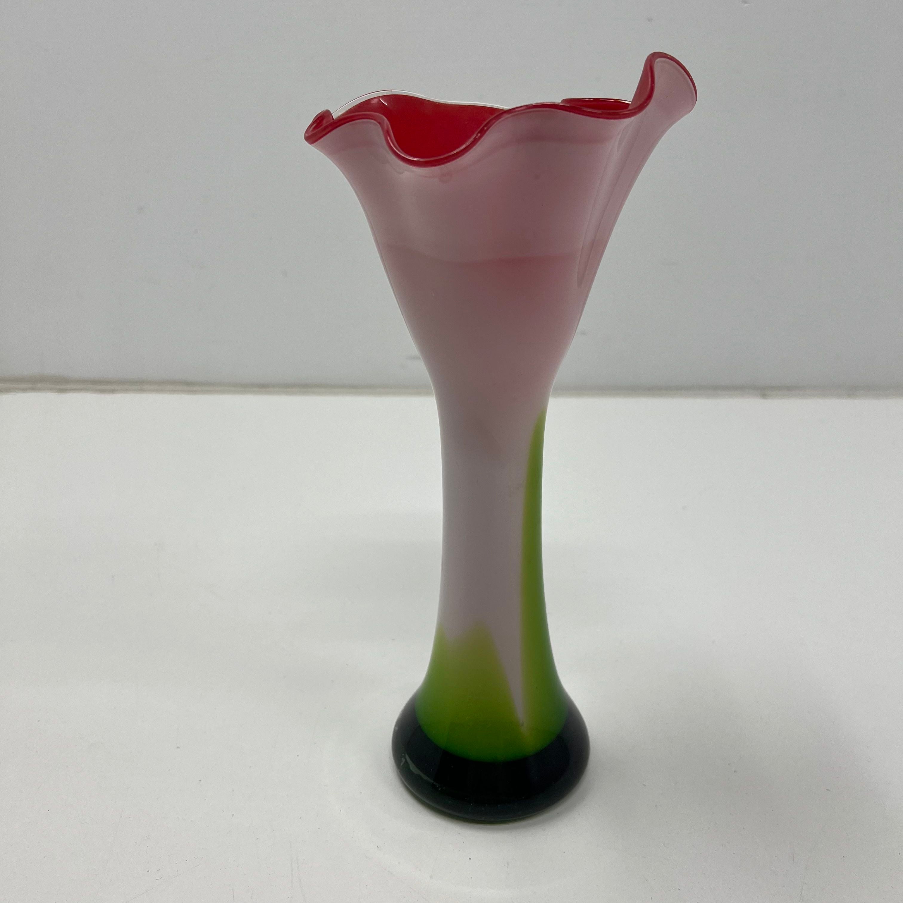 Vintage Murano Style Sommerso Art Glass Vase Calla Lily Ruffled Rim Unsigned