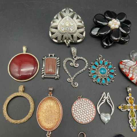 Mixed Costume Jewelry Pendant Lot of 32 Cross Heart Stone Tassel Pendants