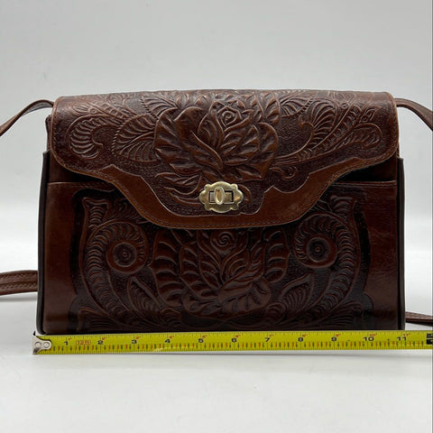 Vintage Brown Hand Tooled Floral Leather Western Crossbody Shoulder Bag