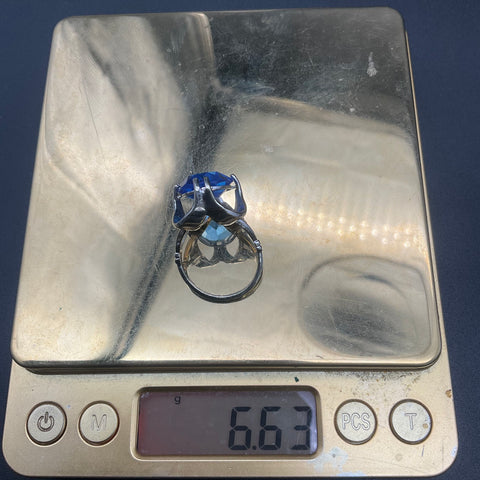10K HGE Silver Tone Blue Glass Statement Cocktail Ring Size 7