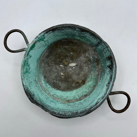 Vintage Copper Pot Primitive Rustic Verdigris Patina Iron Handles 11" Bowl