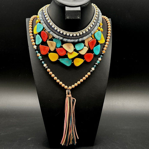 Rain Jewelry Bohemian Statement Beaded Necklace Lot 4 Necklaces 1 Pair Earrings