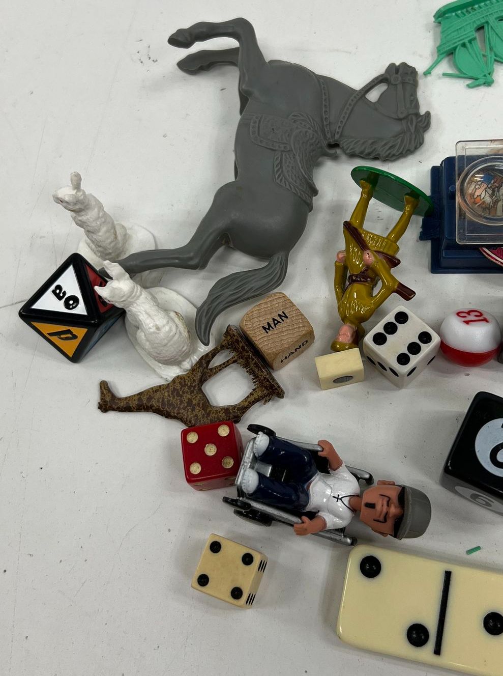 Vintage Game Pieces & Figure Lot Mixed Toys Dice Domino Horse Junk Drawer