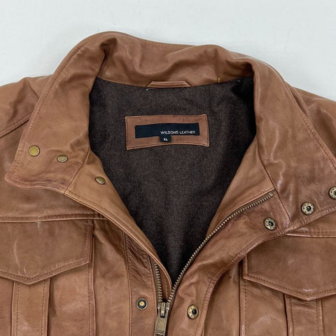Wilsons Leather Brown Soft Leather Field Utility Full Zip Jacket Men's XL
