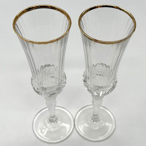 Pressed Glass Gold Rim Champagne Flutes Set of 2 Ribbed Stem 8.75 Inch Vintage