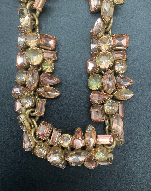 J Crew Glacier Gold Tone Pink Yellow Glass Crystal Statement Bib Necklace Signed