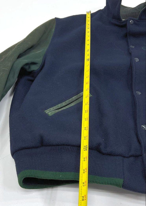 Vintage 90s Dehen Men's Blue Wool Leather Sleeve Varsity Jacket XL Embroidered