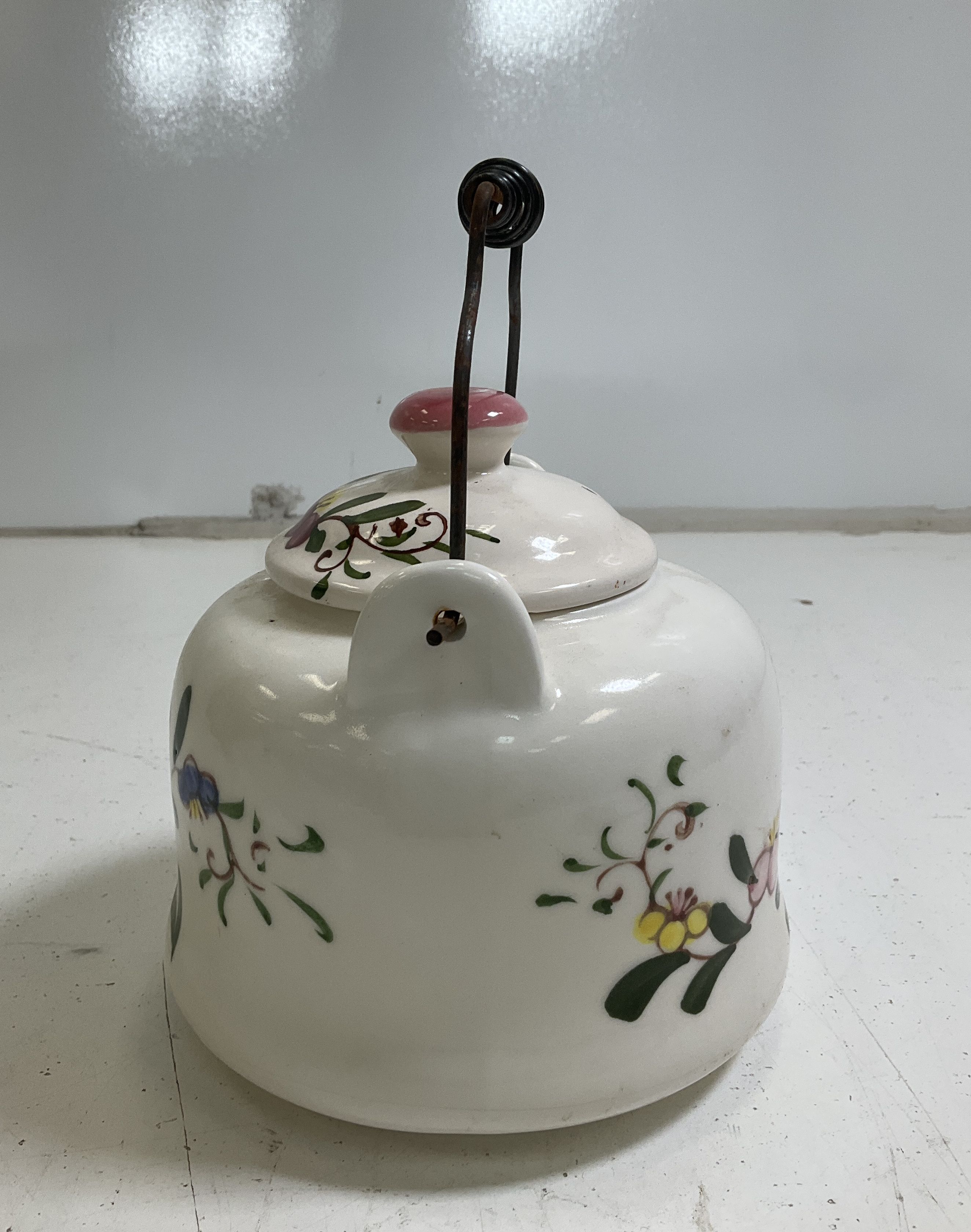 Vintage Hand Painted Floral Ceramic Teapot Kettle White Metal Bail Handle