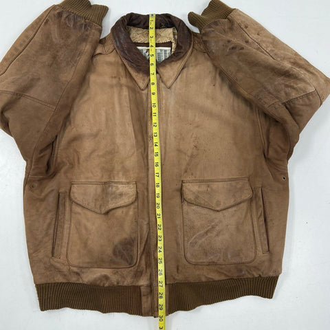 Vintage 80s Urban Cowboy Leather Bomber Flight Jacket Map Lining Distressed Sz L