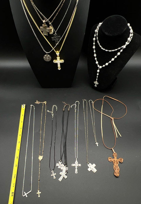 Religious Cross Pendant Necklaces Rosary Medals Jewelry Lot of 14 Gold Silver
