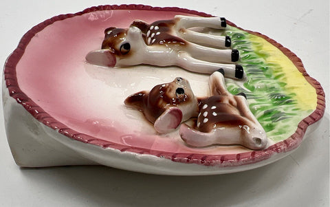 Vintage Ceramic Deer Fawn 3D Relief Wall Pocket Dish Hand-Painted Kitsch 5.5"