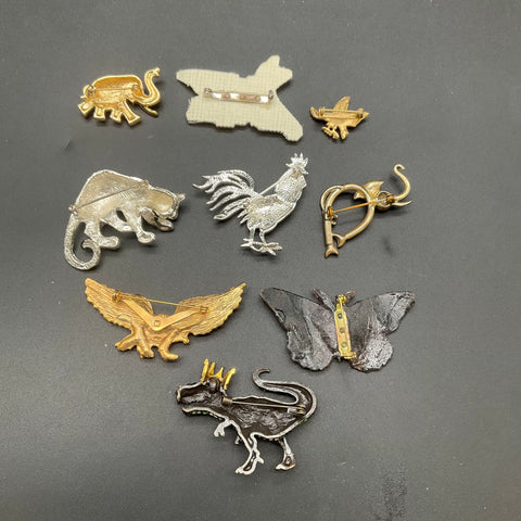 Animal Brooch Jewelry Lot of 9 Vintage and Modern T-Rex Eagle Leopard Elephant
