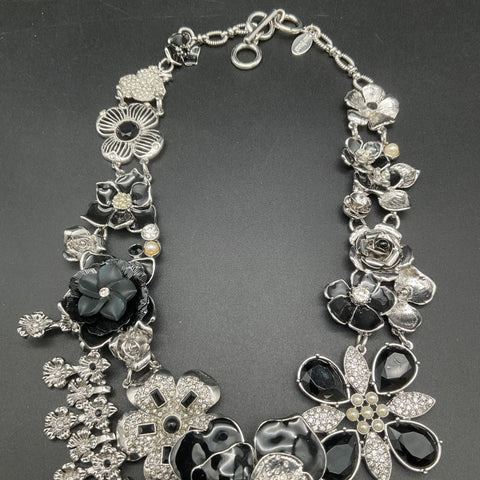 White House Black Market Silver Tone Floral Statement Necklace Black Enamel 18"